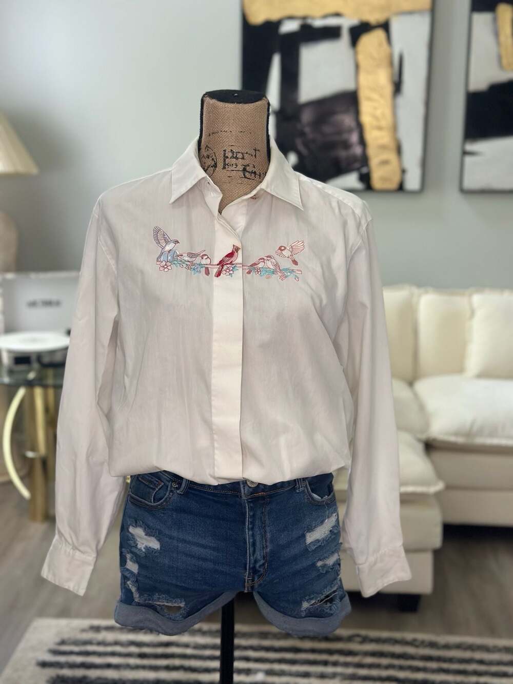 Vintage Ruff Hewn Embroidered Birds and Flowers Button Down Shirt